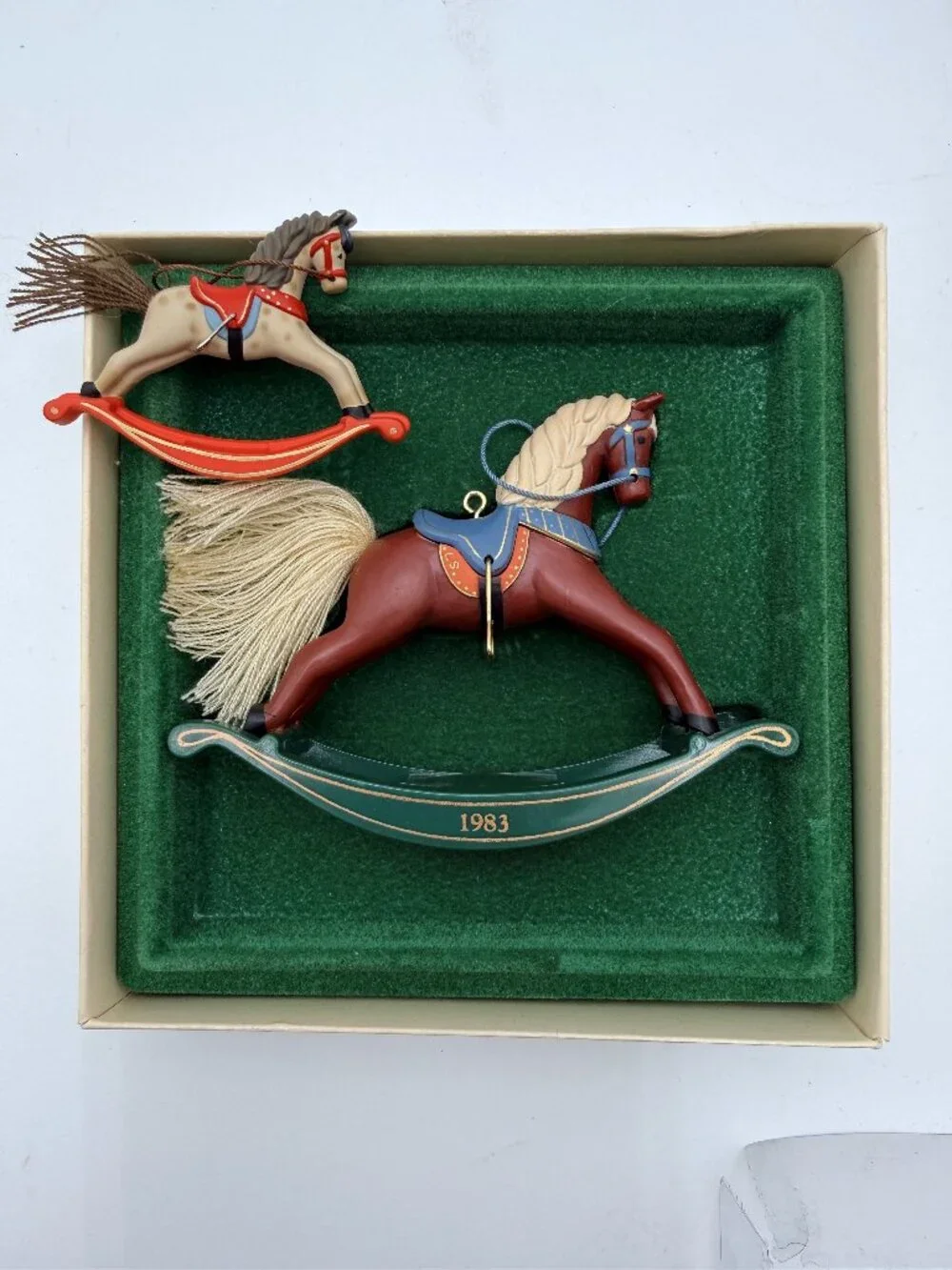 Hallmark Vtg 1983 Rocking Horse Ornament & 1981 Inspired Rocking Horse Lapel Pin